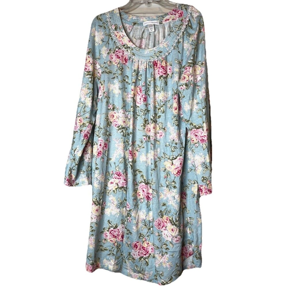 Carole Hockman Sleep Shirt/Gown M Blue/Pink Floral Cotton Long Sleeve Lace Soft